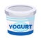 Yogurt vector icon. Jar with a milk drink on white background. White container with blue stripes