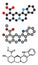 Yohimbine alkaloid molecule. Used as aphrodisiac drug. Stylized 2D renderings and conventional skeletal formula.