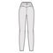 Yoked pants technical fashion illustration with normal waist, high rise, full length, fitted body. Flat casual bottom