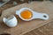 The yolks of the eggs in a bowl on a wooden background