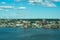 Yonkers, NY / United States - Oct. 3, 2020: a wide landscape view of Yonker`s historic waterfront, made up of restaurants, shops