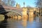 YORK, ENGLAND: View of the Skeldergate bridge on the flooded river Ouse