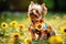 Yorkie chic: canine in suit amidst natural beauty