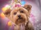 Yorkie Dog wearing flowered top hat