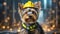 yorkshire dog with yellow protective helmet