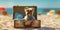 Yorkshire Terrier dogs Beach Adventure Opened Suitcase and Stylish Sunglasses - travel and vacations concept. Generative AI