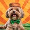 Yorkshire terrier in a hat. Portrait of a dog dressed as a leprechaun.