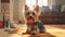 Yorkshire Terrier sitting on carpet in living room at home