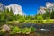 Yosemite Valley with El Capitan Rock and Bridal Veil Waterfalls