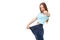 You can do it! Young slim woman with large jeans pointing finger