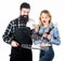 You cant beat our meat. Bearded man and cute girl holding cooking grid. Happy couple having grill grid for grilling