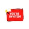 You are invited banner. Announcement. Megaphone with you are invited message in bubble speech banner. Loudspeaker. Advertising.