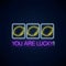You are lucky - glowing neon motivation phrase with three lemons on slot machine. Slot machine win combination