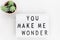 You make me wonder, text written on a light box. Decorated with cactus