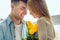 You my everything! Father giving bouquet flowers his little daughter