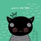 You`re the best Card design funny Kawaii cat girl black gray face on green background. cartoon pet simple sketch, Can be used for