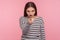 Are you ready? Portrait of angry displeased bossy woman in striped sweatshirt scolding for misbehavior with warning finger