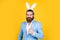 Are you ready to celebrate. funny man in rabbit costume. happy easter. man imagine he is rabbit. male wear bunny ears