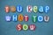 You reap what you sow, life quote composed with multi colored stone letters over green sand