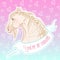 You are so vanilla. Realistic vector illustration in pastel colors. Vanilla style horse`s head sticker on blue-pink brilliant bac