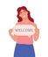 You are welcome. Cheerful woman holding welcome sign and smiling while standing. Flat graphic vector illustration