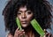 Youll find all the answers in nature. a beautiful young woman posing with an aloe vera plant against her skin.