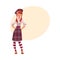 Youn girl in traditional Scottish clothes, tartan beret and kilt