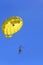 Young active couple enjoying flying with parachute, extreme parasailing activity
