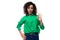 young active european brunette woman with curly hairstyle in green shirt works in an advertising agency