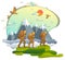 Young active family hiking to nature with mountain range, father, mother and son. Vector illustration of beautiful summer scenic