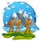 Young active family hiking to nature with mountain range, father, mother and son. Vector illustration of beautiful summer scenic