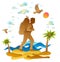 Young active man hiking to sea shore with palms and waves in background, vector illustration of beautiful summer scenic wild beach