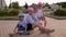 Young active mother with children in helmets resting on a skateboard in the Park