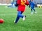 Young Active sport heathy boy in red and blue sportswear running and kicking a red ball on football field