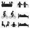 Young active stick figure male and female couple reading, writing, riding bicycle, sleeping, sitting, meditating vector icon set