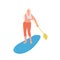 Young active woman cartoon character standing on supboard paddling isolated on white background