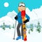 Young active woman skiing in mountains. Female skier with goggles and poles enjoying sunny winter day in Swiss Alps