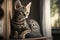 Young, adorable Bengal kitten lounging indoors on a plush cat shelf