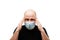 Young adult bald head man wearing respiratory protective medical mask