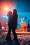 Young adult couple in each other`s arms on snow covered street.