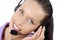 Young adult female call center woman telephone headset close up, looking at camera, white background