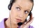 Young adult female call center woman telephone headset close up, looking sideways, white background