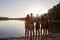 Young adult friends admiring view from lakeshore, back view