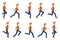 Young, adult man wearing jeans running sequence poses vector set. Fast moving forward, hurry, rush male person cartoon character