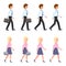 Young, adult man and woman walking sequence poses vector illustration. Moving forward, fast, slow going people cartoon character