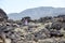 Young adult woman explores the Fossil Falls area in the Eastern Sierra Nevada Mountains of California