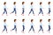 Young, adult woman in jeans walking sequence poses vector illustration. Moving forward, fast, slow going person cartoon character