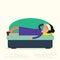 Young adult woman lying on sofa with sickness. Sick female resting or laid up on couch. Illness or desease vector illustration. G