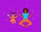 Young adult woman practicing yoga and meditation together with small dog holding singing bowl flying in air on purple