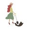Young adult woman with shovel doing spring, summer farm work: planting, growing. Female character.